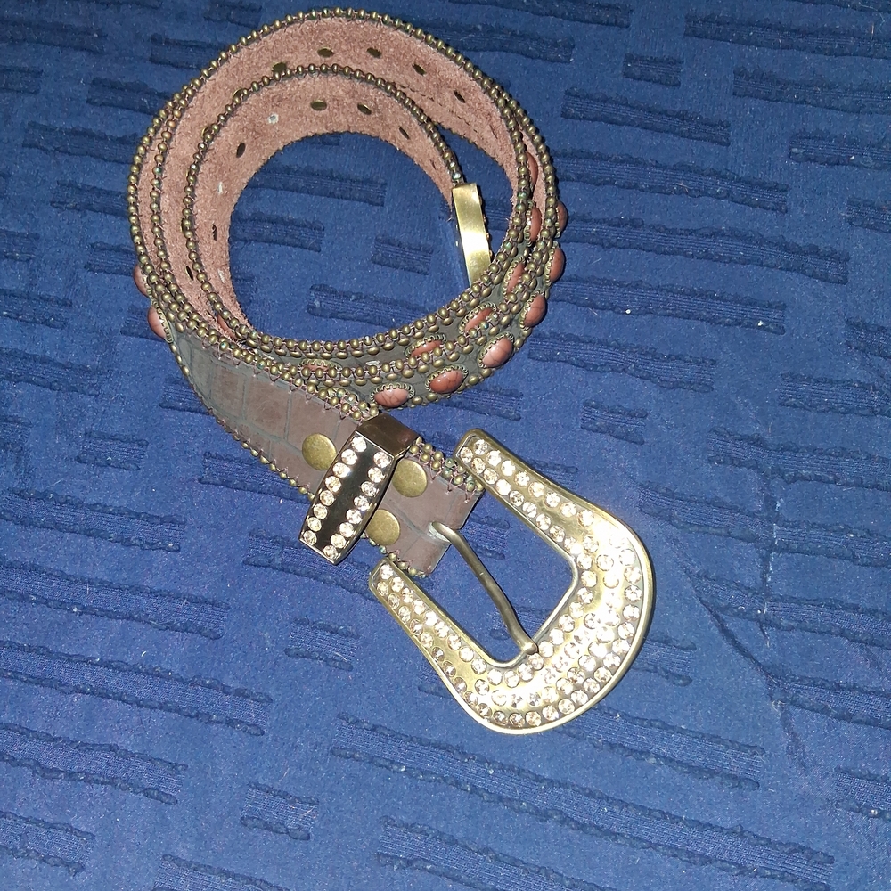 Studded Pink Leather Belt with Crystal Buckle